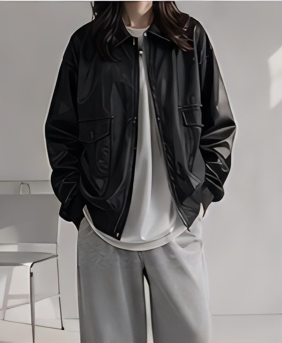 レザーブルゾン×スウェットパンツセット